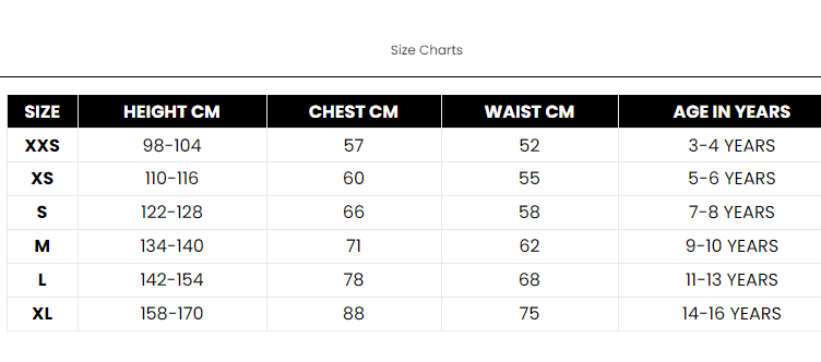 Size Chart Blue Beetle Costume for Boys