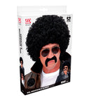 Black Curly Undercover Agent Wig With Moustache & Sunglasses In Box