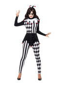 Sinister Female Jester Costume Adult Harlequin Top Leggings Headband 4
