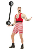 Strongman Muscle Tattoo Costume Adult Red White Striped Jumpsuit 2