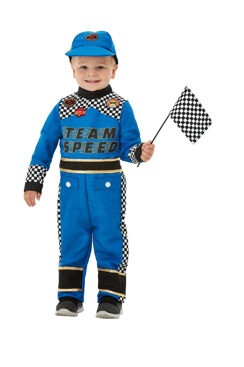 Racing Car Driver Costume Toddler Blue Jumpsuit Cap Flag