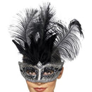 Grey Venetian Colombina Eyemask Black Plumes Adult Costume Accessory 2