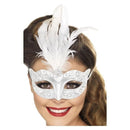 Venetian Glitter Eyemask Silver with Feathers Adult Masquerade Costume Accessory 1