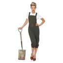 WW2 Land Girl Costume Adult Olive Dungarees White Top Red Scarf 1