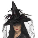 Witch Hat Feathers Spider Netting Adult Deluxe Black Halloween Costume Accessory 2