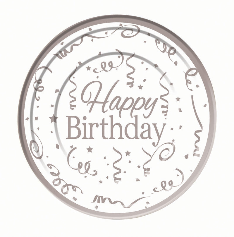 Silver Happy Birthday Plates Plastic 10 Pack 26cm_1 X81619