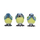 Three Wise Blue Tit Figurines in See no Hear Speak Evil Poses 8cm