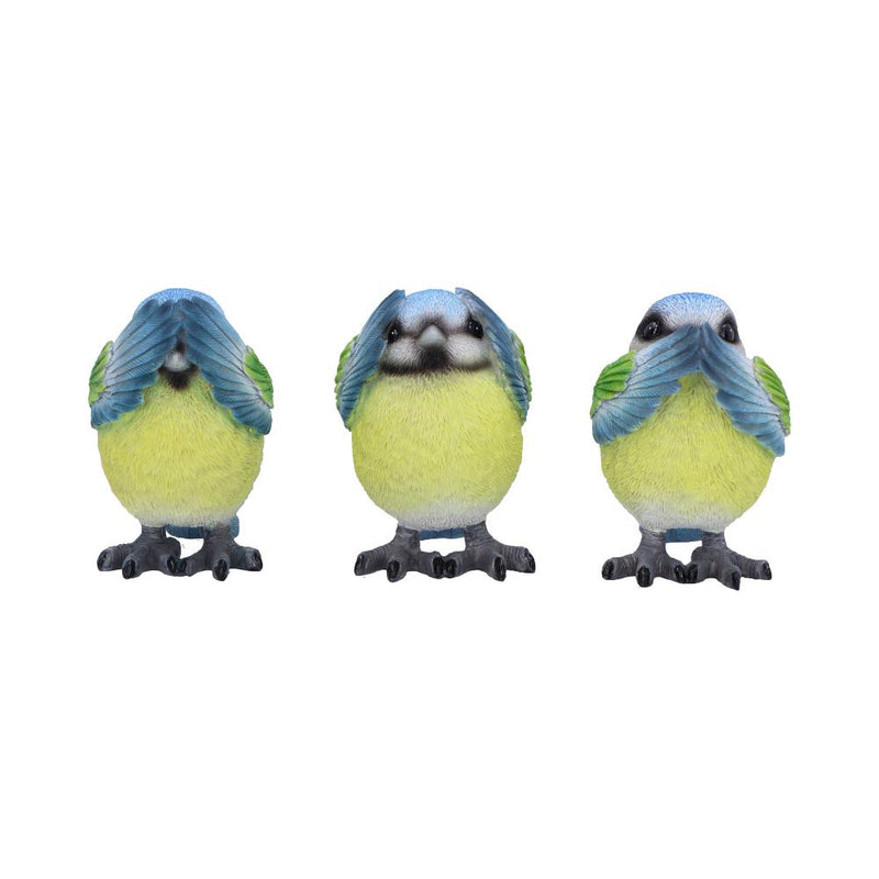 Three Wise Blue Tit Figurines in See no Hear Speak Evil Poses 8cm
