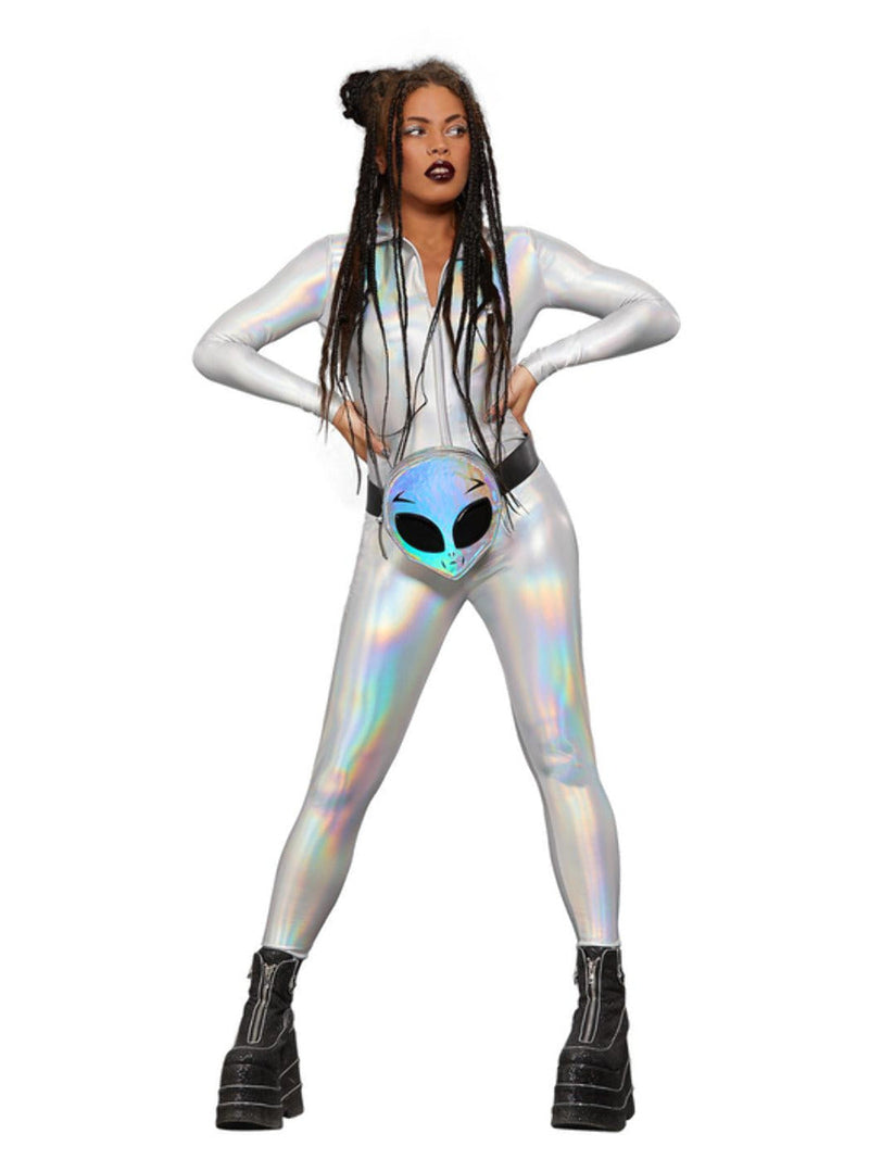 Fever Miss Whiplash Mirror Holographic Costume Adult Silver Catsuit