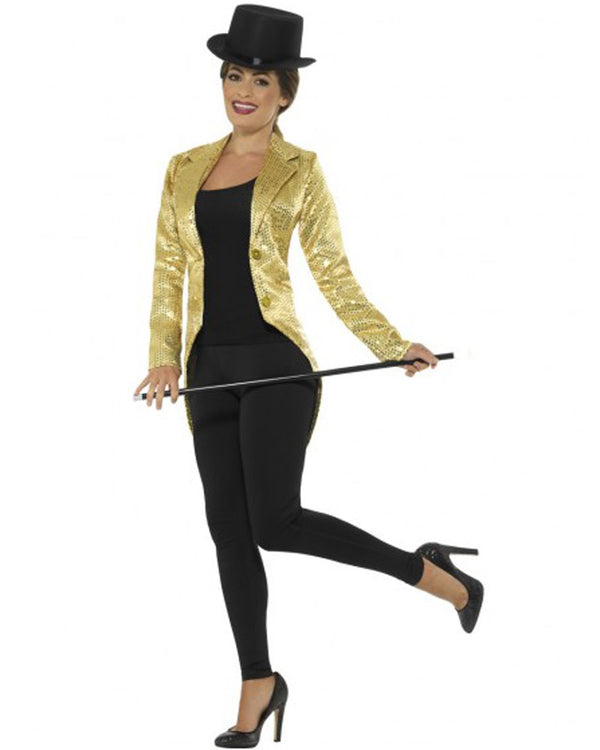 Sequin Tailcoat Jacket Ladies Adult Gold 3 MAD Fancy Dress