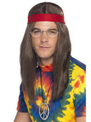 Hippy Man Kit Long Brown Wig Specs Medallion Red Headband Adult 60s Costume 1