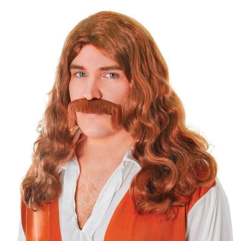 Mens Hippy Man Wig + Tash Set Brown Wigs Male Halloween Costume_1 BW791