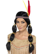 Native American Inspired Wig Black Pigtails Feather Headband 1