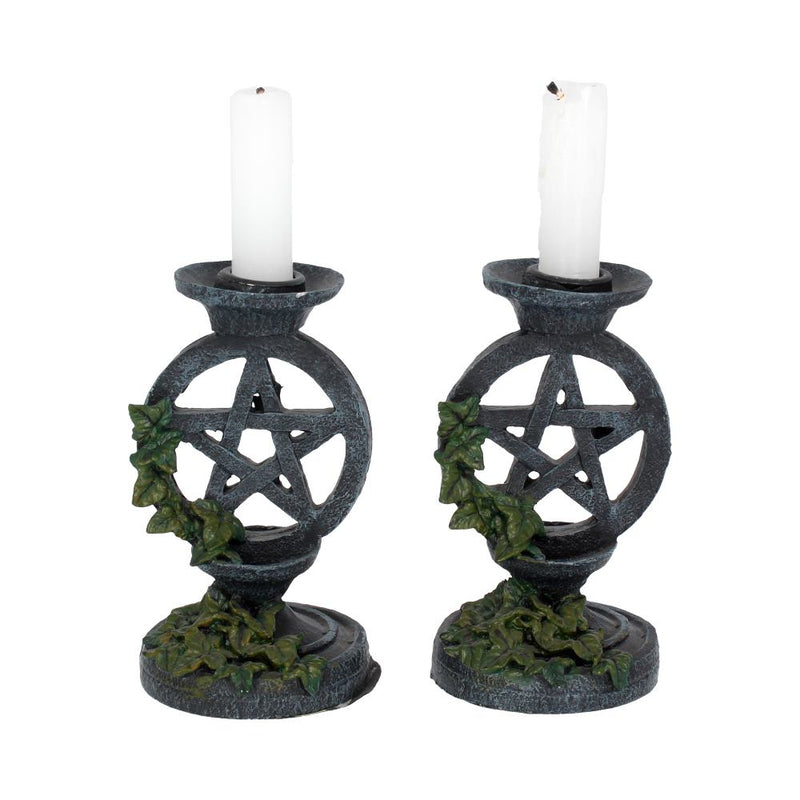 Pair of Aged Ivy Pentagram Candlesticks Gothic Candle Holders 13.4cm