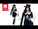 Musketeer Female Costume Adult Navy Blue Dress with White Sleeves Hat 3