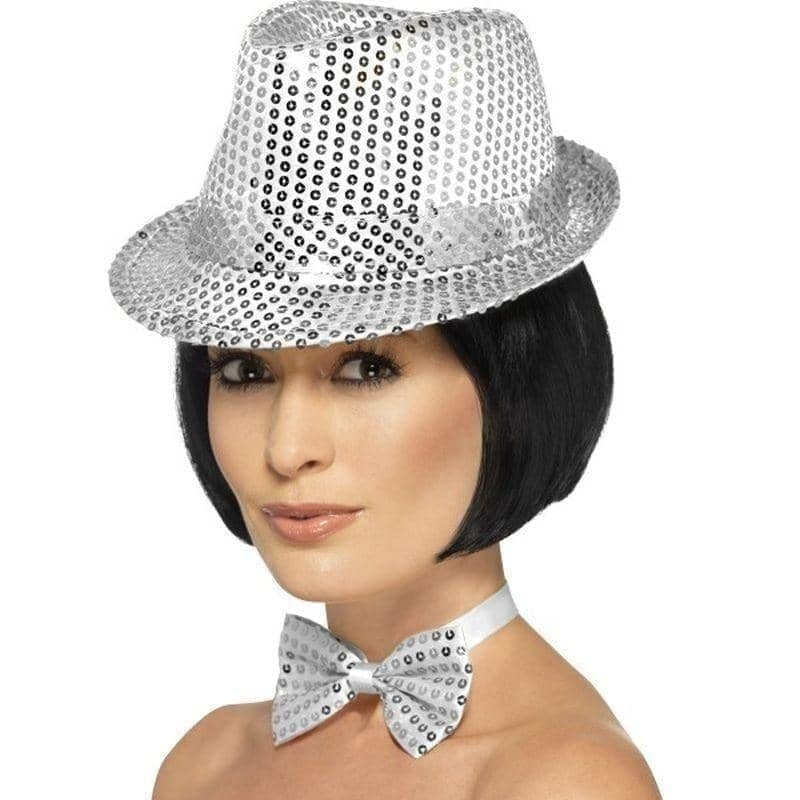 Sequin Trilby Hat Adult Silver_1 sm-44380