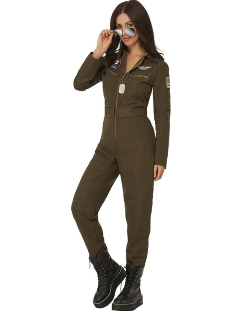 Top Gun Maverick Ladies Aviator Jumpsuit Costume Green 2 sm-52558M MAD Fancy Dress