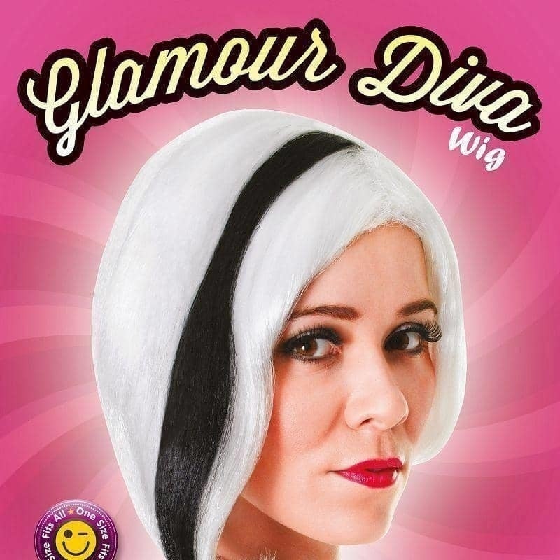 Womens Glamour Diva White With Black Streak Wigs Female Halloween Costume_2 