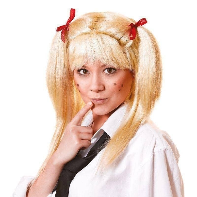 Womens Schoolgirl Wig Blonde Red Bows Wigs Female Halloween Costume_1 BW748