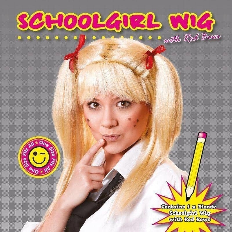 Womens Schoolgirl Wig Blonde Red Bows Wigs Female Halloween Costume_2 