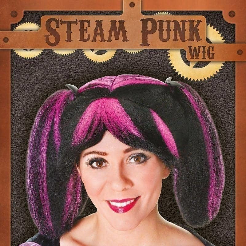 Womens Steampunk Star Wars Black Pink Streaks Wigs Female Halloween Costume_2 