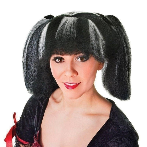 Steampunk Wig Black White Streaks Pony Tails Steampunk Wig Black White Streaks Pony Tails